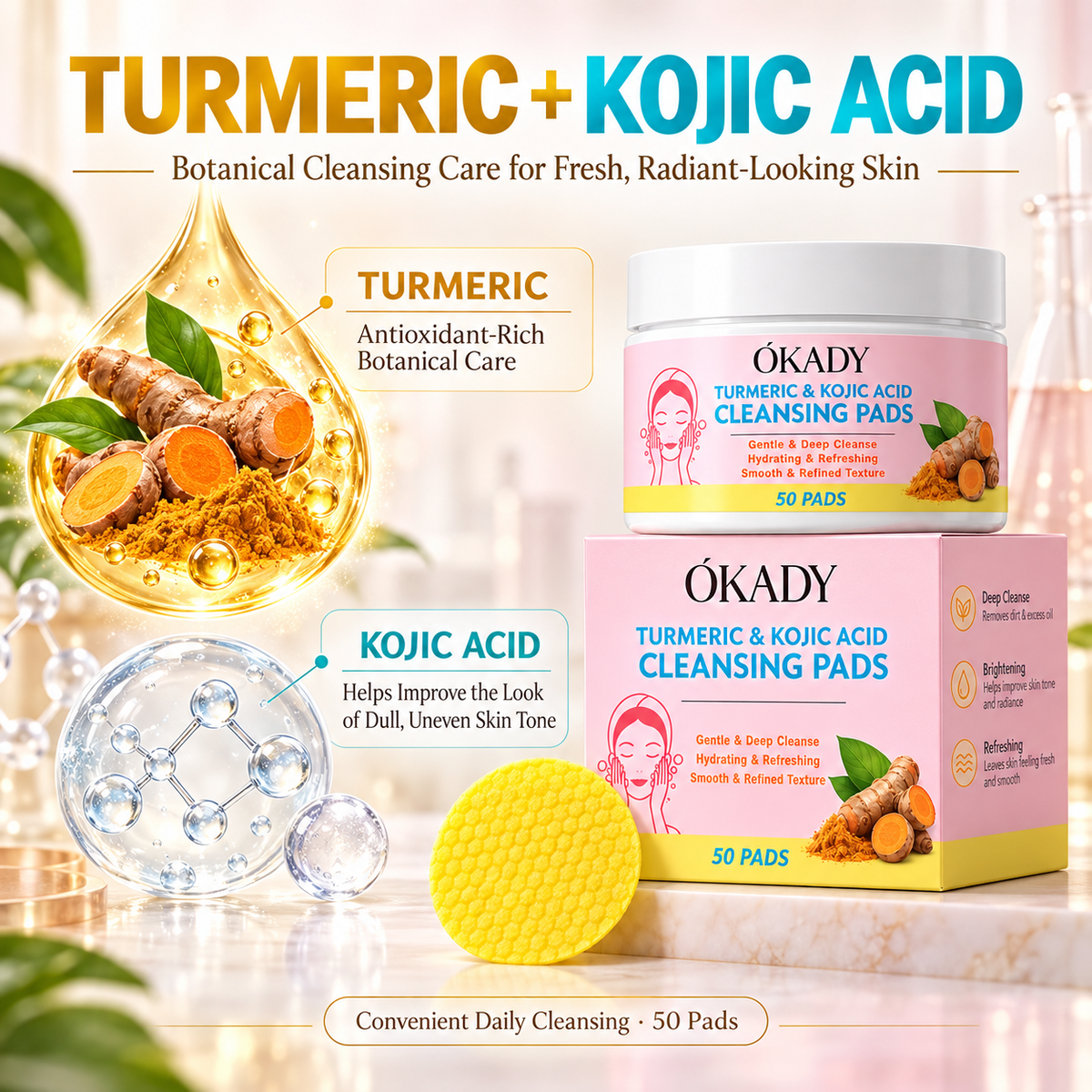 O'KADY Purigaj Kotonoj kun Kurkumo kaj Kurkumino