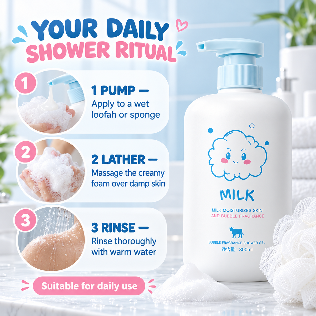 O'KADY Milk-Infused Moisturizing & Fragrant Bubble Body Wash (800ml)